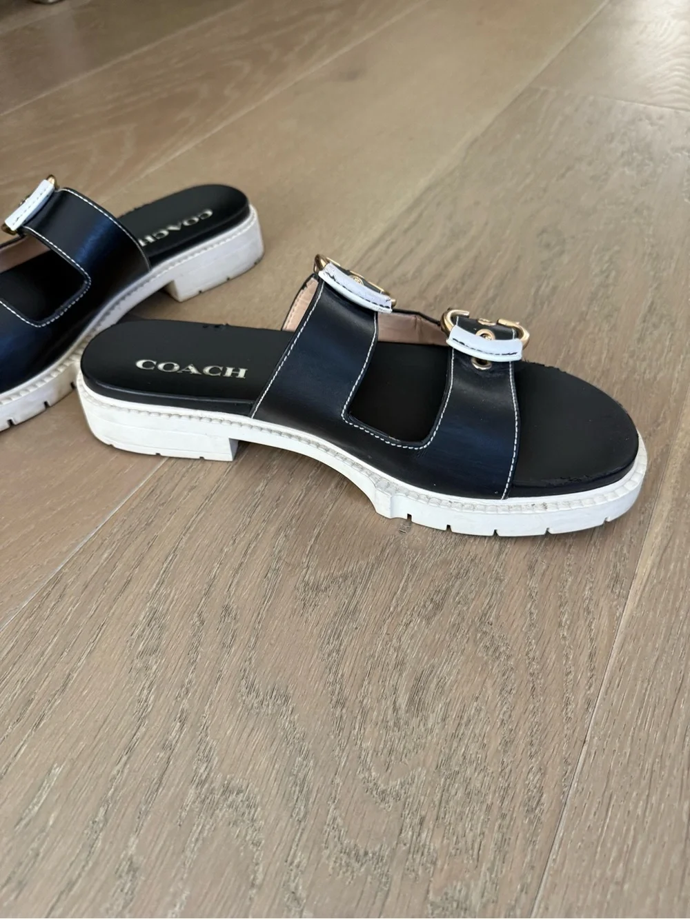 Coach Black and White Double Buckle Slide Sandals